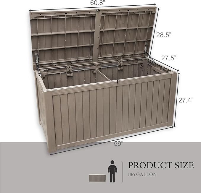 AJP Distributors 180 Gallon Outdoor Storage Box, Rain Waterproof Resin Deck Box, Lockable Large Storage Container for Patio Furniture, Cushions, Garden Tools, Sports Equipment and Pool Supplies Taupe