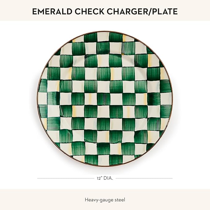 MACKENZIE-CHILDS Enamel Charger Plate, Charger Decoration for Dinner Plates or Home Decor, 12 Inches, Green-and-White Emerald Check