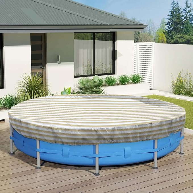 ECOOPTS 8 ft Round Pool Cover for Above Ground Pools, Swimming Pool Cover Protector Winter Safety Cover (Beige White Stripes)