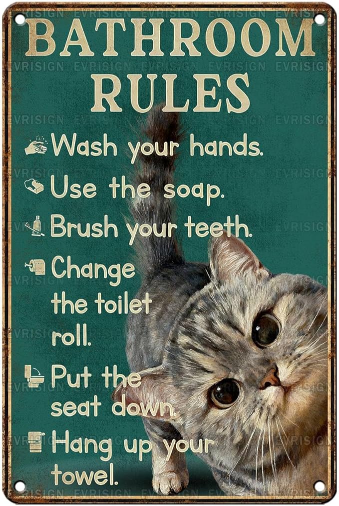 Vintage Cat Tin Sign Bathroom Rules Retro Tabby Metal Sign Funny Cat Lovers Nostalgic Wall Decor Decorations for Home Cafe Shop Toilet Bar Living Room Bedroom 12 * 8In