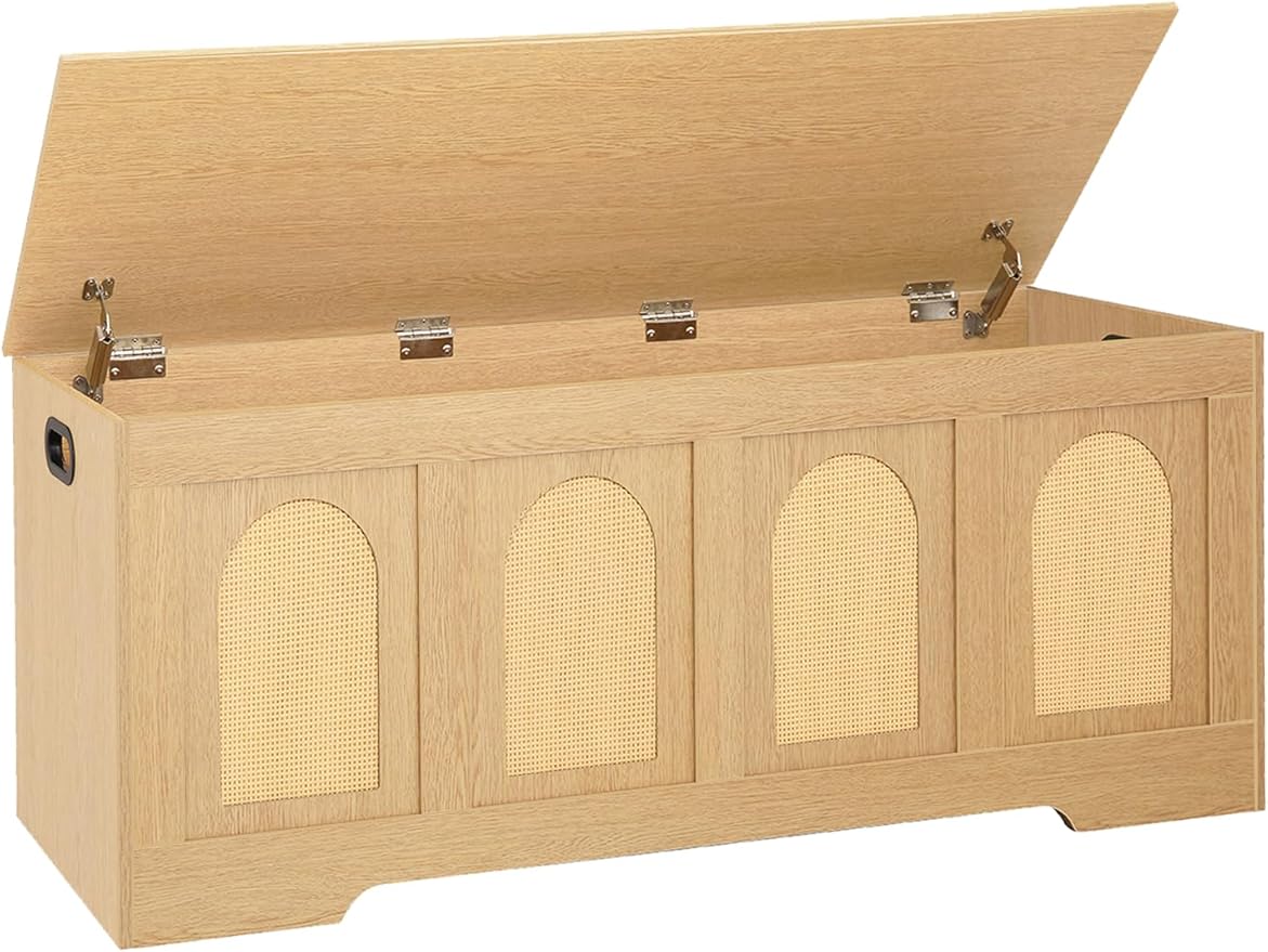 DINZI LVJ Storage Chest, 47.2" Rattan-Like Toy Box with 2 Safety Hinges, Wooden Entryway Storage Bench with Flip-Top, Large Trunk for Living Room, Bedroom, Easy Assembly, Natural