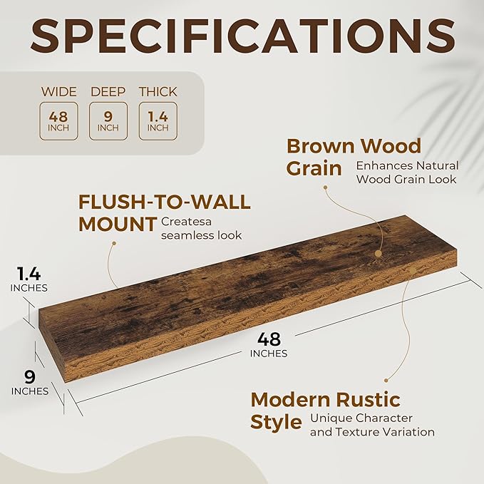 48 inch Floating Shelves for Wall Large Wall Mounted Shelves with Invisible Brackets, Brown Long Shelves for Bathroom, Living Room, Kitchen, Office, 48x9.1 inch deep Set of 2