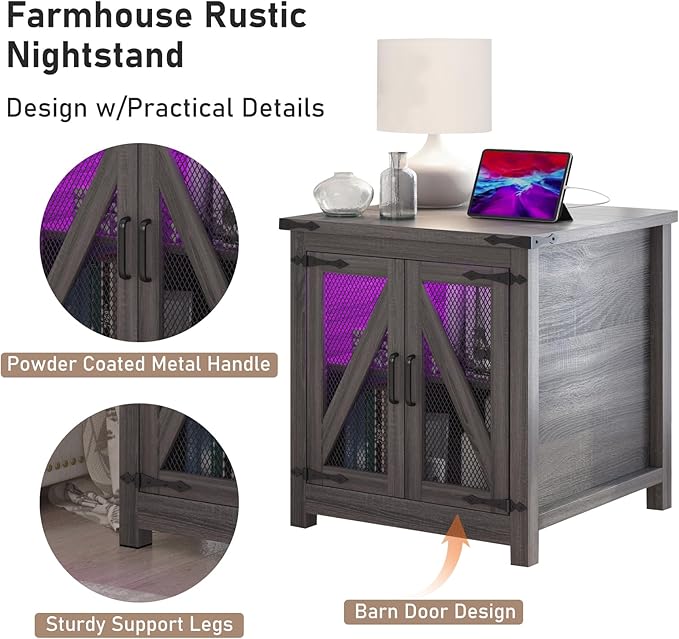 Farmhouse End Table, 24" Large Sofa Side Table with Charging Station, Mesh Barn Door, and Adjustable Storage Shelf, Rustic Wood Square Nightstand for Living Room, Bedroom, Office, Grey
