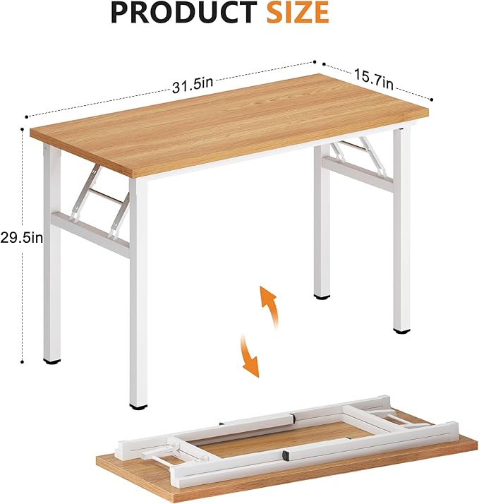 DlandHome Folding Desk - 31.5 Inch Small Computer Desk for Home Office - Folding Table Writing Table for Small Spaces - No Assembly Required - Teak & White Frame