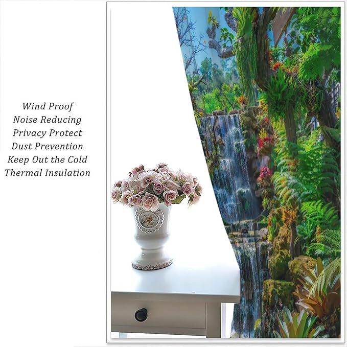 Waterfall Blackout Window Curtains, Spring Forest Nature Landscape Theme Pattern Print Window Drapes, for Living Room Bedroom 63x72in 2 Panels