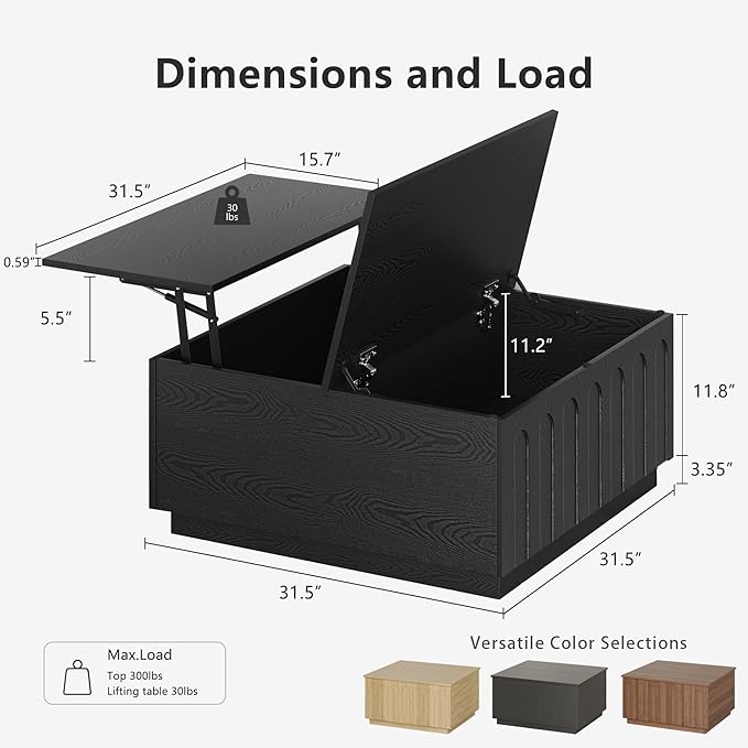 Lift Top Coffee Table with Storage, Modern Coffee Table with Arched Design, 31.5" Square Tea Table with Wood Grain, Minimalist Multifunctional Center Table for Living Room, Office, Black