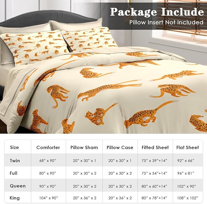 Comforter Set Twin Size, Leopard 5 Pcs Bedding for Kids and Adults, Cheetah Bedding Sets with Fitted Sheet Pillowcase & Sham for Bedroom Bed Decor