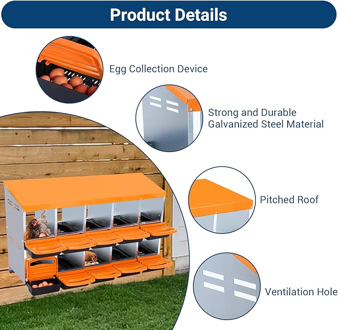 GarveeLife Chicken Nesting Box, 10 Compartments Nesting Boxes for Chickens, Chicken Laying Boxes, Roll Away Nesting Box for Chickens Laying Egg with Lid Cover to Protect Eggs, Orange