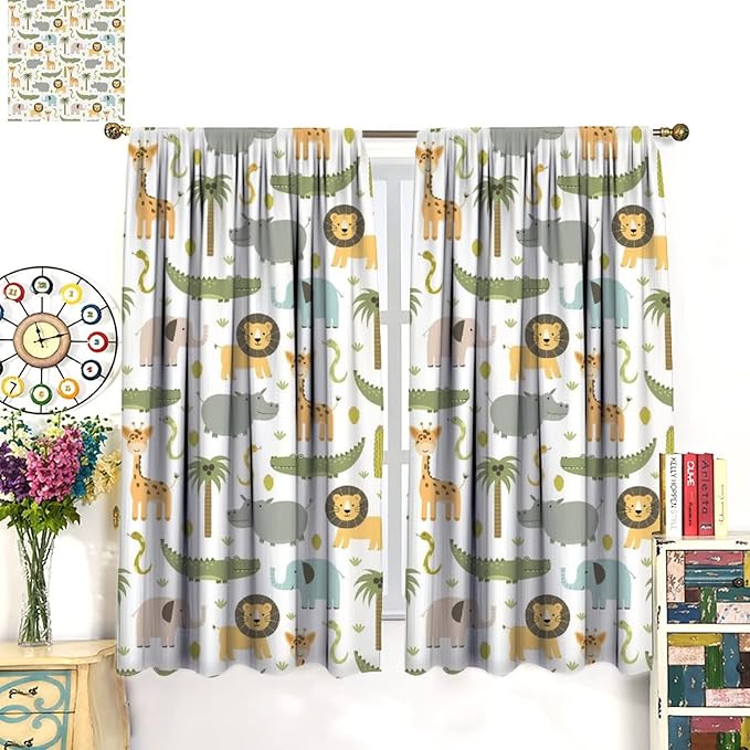 Nursery Safari Animals Window Curtains,Cartoon Woodland Jungle Forest Lion Elephant Giraffe Printed Pattern Blackout Drapes for Living Room Baby Boy Kids Bedroom 63x63in