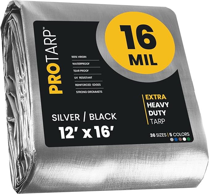 PROTARP Extra Heavy Duty 16 Mil Tarp Cover, Waterproof, UV Resistant, Rip and Tear Proof, Poly Tarpaulin with Reinforced Edges for Roof, Camping, Patio, Pool, Boat. (Silver/Black 12′ X 16′)