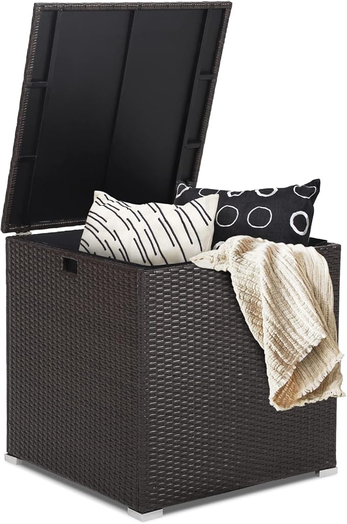 RELAX4LIFE Outdoor Storage Box 72-Gallon - Outside Wicker Storage Bin with Waterproof Zippered Liner, Gas Strut, Package Delivery Boxes for Outside, Accessories, Garden Tools Storage Deck Box