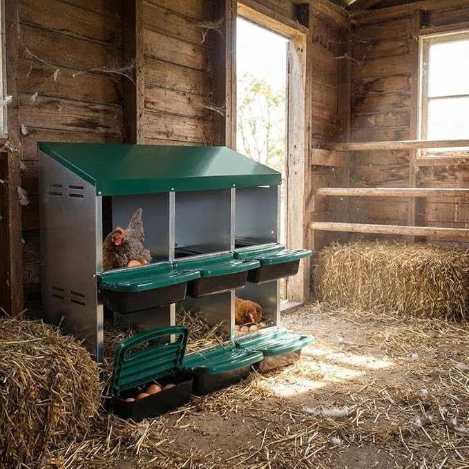 GarveeHome 2-Tier Chicken Nesting Box, 6 Compartment Metal Chicken Laying Boxes with Waterproof Roof ＆ Removable Trays for Hens, Poultry，Easy Egg Collection