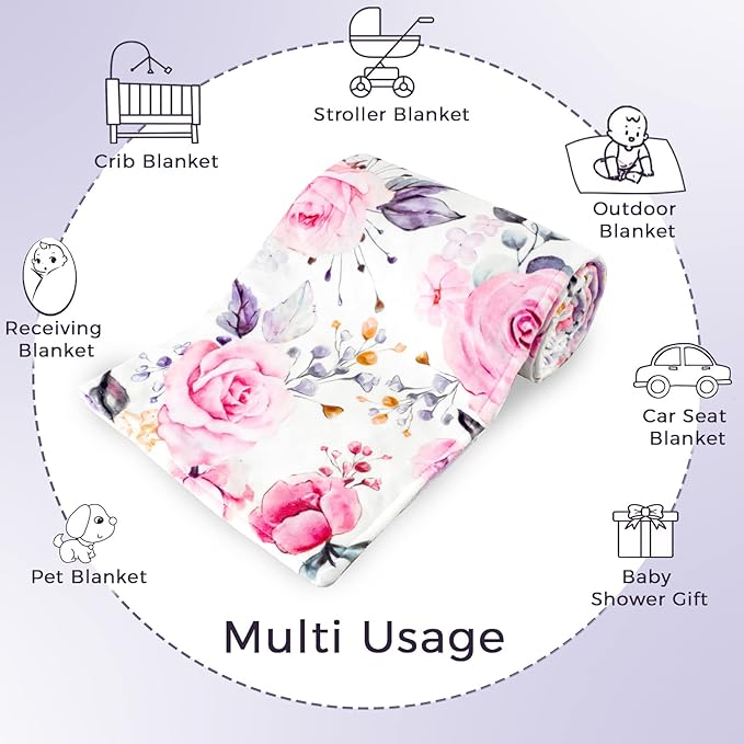 Pea Pod 30'' x 40''Baby Blankets, Super Soft Floral Minky Toddler Newborn Blanket for Boys Girls, Dotted Backing, Double Layer, Crib Receiving Blanket for Nursery/Stroller/Toddler Bed/Baby Carseat