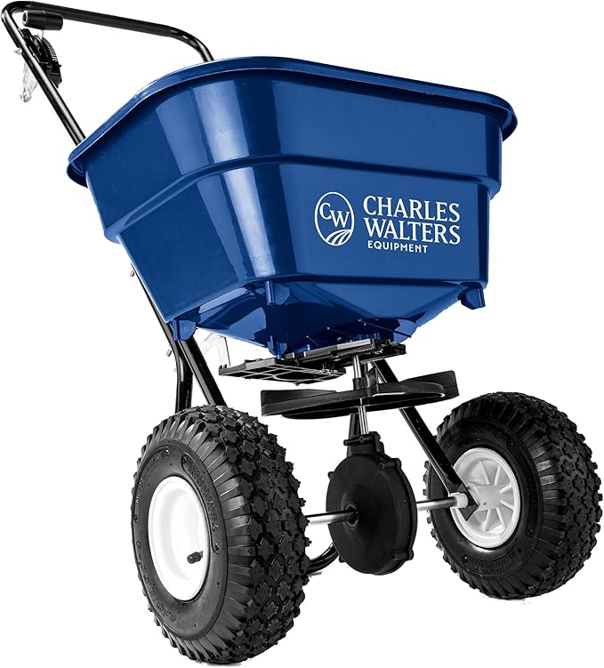 Charles Walters Equipment CW2000 Estate Style Broadcast Spreader for Spreading Fertilizer and Ice Melt on Lawns, Sidewalks, and Driveways, 65lb Capacity, 35" x 35"