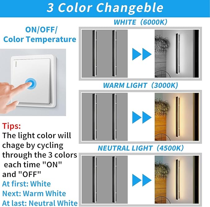 Mikeru 2 Pack 31.4inch Modern Outdoor Wall Sconce, 3000K/4500K/6000K 3 Color