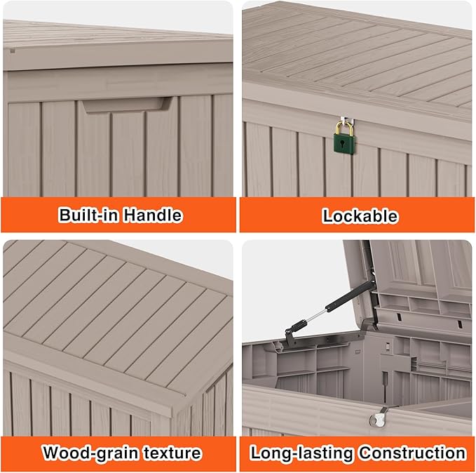 180 Gallon Waterproof Large Resin Deck Box Indoor/Outdoor Lockable Storage Container and Seating for Garden, Pool, and Patio (180 Gallon, Grey)