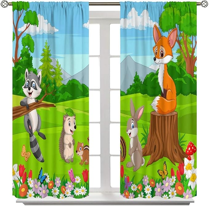 Safari Animal Curtains for Kids Cartoon Woodland Wildlife Jungle Animals Window Treatments for Boys Girls Bedroom Cute Fox Forest Nursery Children Drapes for Living Room W63xL63