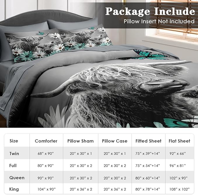 Comforter Set Twin Size, Highland Cow Bull Animal 5 Pcs Bedding for Kids and Adults, Flower Daisy Farm Bed Sheet Sets with Fitted Sheet Pillowcase & Sham for Bedroom Bed Decor