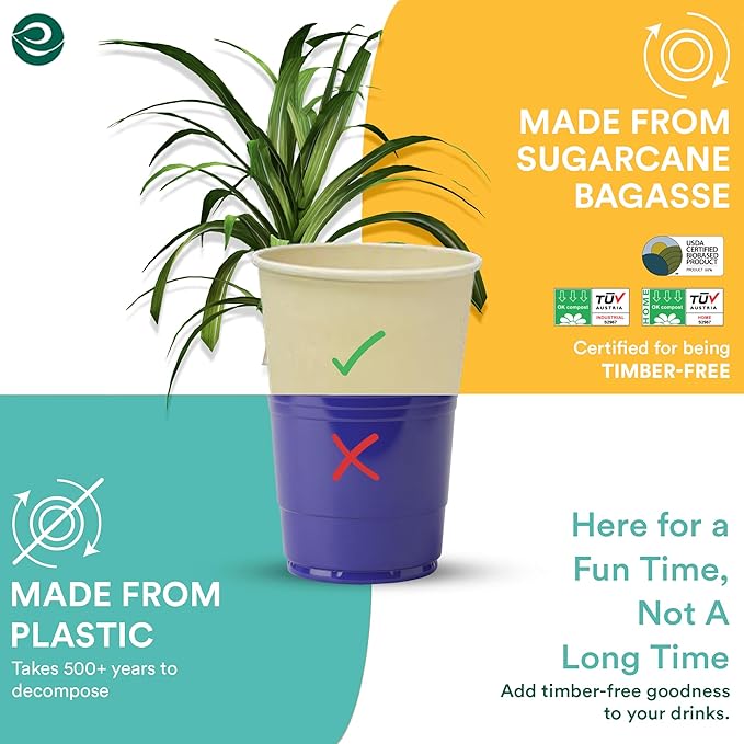 ECO SOUL 100% Compostable Plant-Based 12oz Hot Cups | (200 Count, 12 oz Hot Cups) | Disposable Bagasse Paper Cups | Eco-friendly Cups | Sturdy, Microwave & Oven Safe