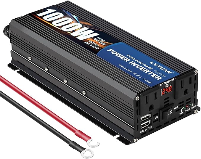 LVYUAN 1000 Watt Pure Sine Wave Power Inverter 24V to 110V/120V DC to AC Converter with Dual Sockets, Dual USB Ports, LED Display for Home Outdoor RV Car Power Inverter Power Adapter