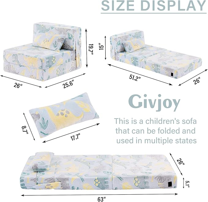 Folding Sofa Bed Floor Mattress for Kids With Pillow, Toddler Glow Washable Nap Mat for Sleeping, Child Fold Up Futon Chair Bed With Storage Bag for Girls Boys