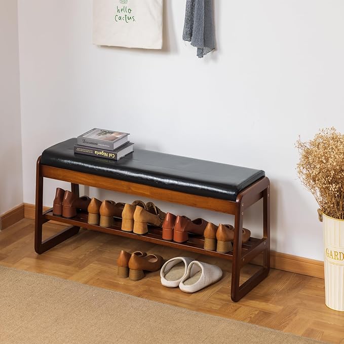 latifolia Solid Wood Bench, Entryway Shoe Bench with Cushion, Flip-Open Storage Compartment, 2-Tier Shoe Organizer(Black,39.70''L)