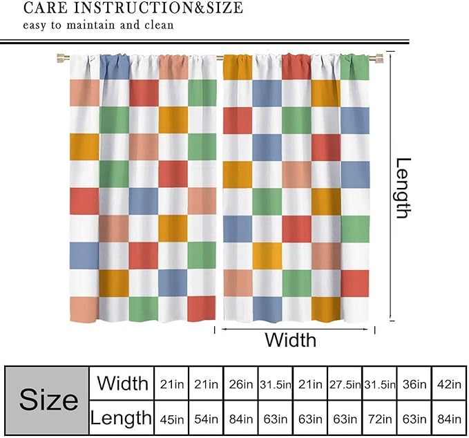 Retro Checkered Curtains,70s Vintage Twisted Checkered Window Drapes Colorful Groovy Trendy Wavy Hippie Grid Print Window Treatments for Kids Girls Bedroom Living Room Bathroom 55" W X 63" L