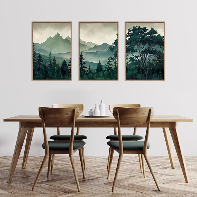 HLNIUC Green Foggy Forest Framed Canvas Wall Art Set,Watercolor Boho Pine Tree Wall Decor,Modern Misty Mountain Scenery Art Print,Nature Landscape Wall Painting for Living Room,Bedroom - 16”x24”x3
