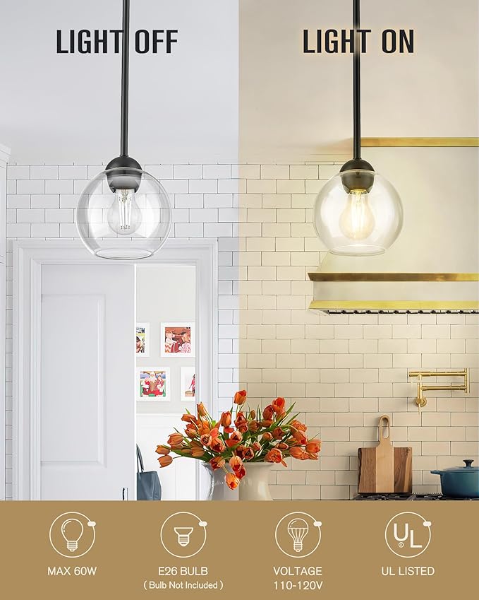 Emak 7 Inch Globe Pendant Light, Matte Black Pendant Light Fixtures