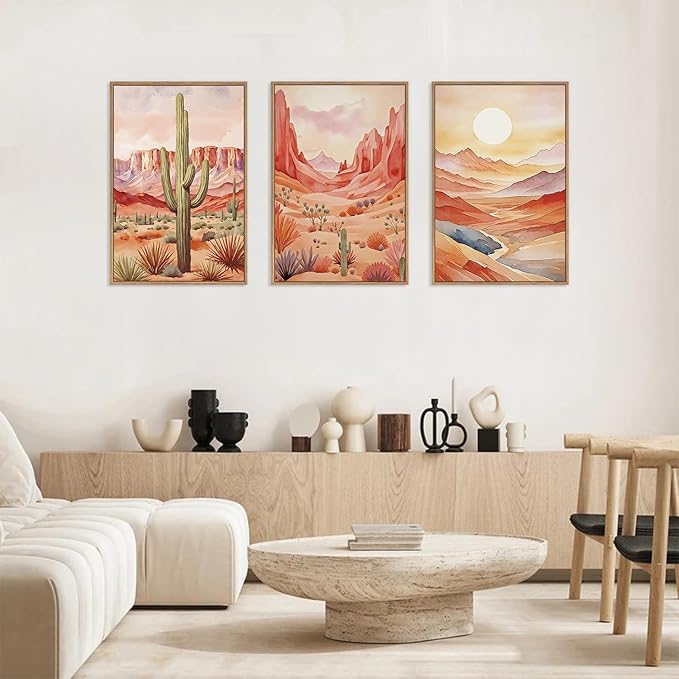 HLNIUC Boho Desert Plant Framed Canvas Wall Art Set,Southwestern Sun Mountain Wall Decor,Cactus Sunset Landscape Wall Painting,Watercolor Abstract Desert Art Prints for Living Room,Bedroom - 16”x24”x3