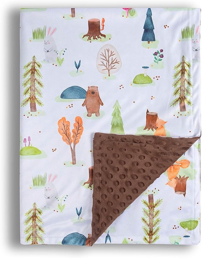 Baby Blanket for Boys Girls Soft Minky with Double Layer Dotted Backing, Primary Forest Printed 30 x 40 Inch Receiving Blanket (Forest Bear)