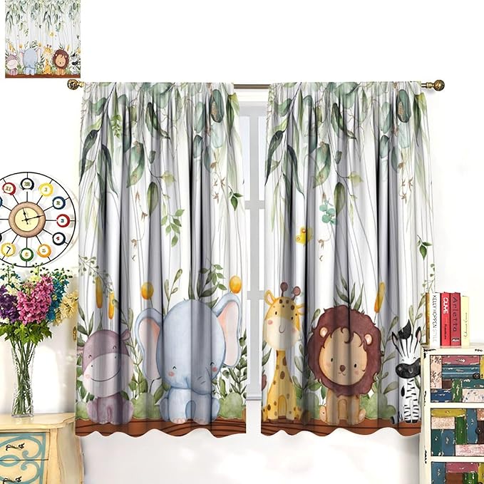 YCness Forest Animal Curtains, Watercolor Wild Animal Bear Fox Deer Kids Window Treatments for Living Room Bedroom, Green Woodland Tree Kids Drapes 2 Panel Sets,84x84 Inch