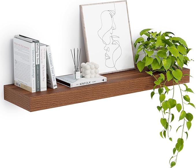 Heimlove 12" Deep Floating Shelves, 36 x 12 Inch Wall Mounted Long Floating Shelf with Invisible Brackets, for Home Decor, Bedroom, Kitchen, Living Room, Bathroom - 1 Pack, Walnut
