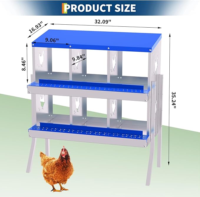 Chicken Nesting Boxes, 6-Hole Roll Away Nest Box for Chicken Coop, Metal Egg Laying Box with Perch & Lid Cover to Protect Eggs, Rollout Egg Collection, Vented Holes-with Legs Blue