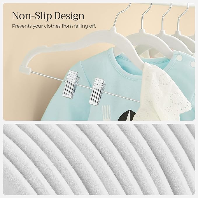 SONGMICS 30 Packs Baby Pants Hangers with Clips, Kids Hangers with 6 Clothes Dividers, Non-Slip Children’s Clothes Hanger, White UCRF013W30