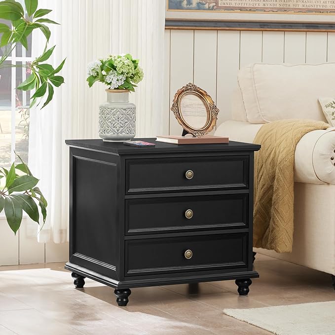 24" Wide Farmhouse Night Stand,Large End Table with 3 Drawers & Metal Handle,Black Wood Dresser for Bedroom Cabinet, Bed Side Tabl·e Chest of Drawers,Nightstand for Living Room,Close