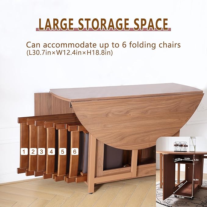 47.3" Round Folding Dining Table for 4-8, Wood Kitchen Foldable Table Large Drop Leaf Dinner Table with Storage Shelf Metal Legs for Home Dining Room Living Room in Walnut