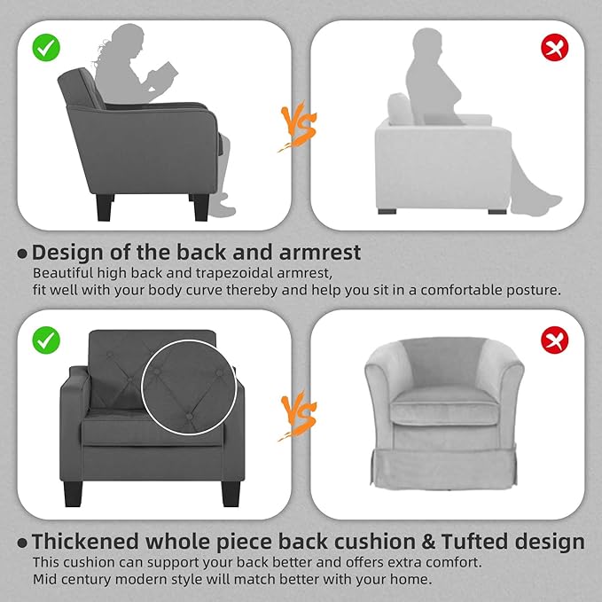 STHOUYN Living Room Chairs Accent Chairs Set of 2, Waiting Room Arm Chairs, Reading Chairs for Bedroom Comfy Club Chair Tufted, Office Small Space (2, Grey)