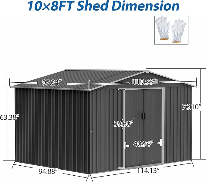 Spacious 10X8 FT Outdoor Storage Shed, All Weather Metal Sheds with Lockable Doors, Tool Shed for Garden, Patio, Backyard, Lawn, Black