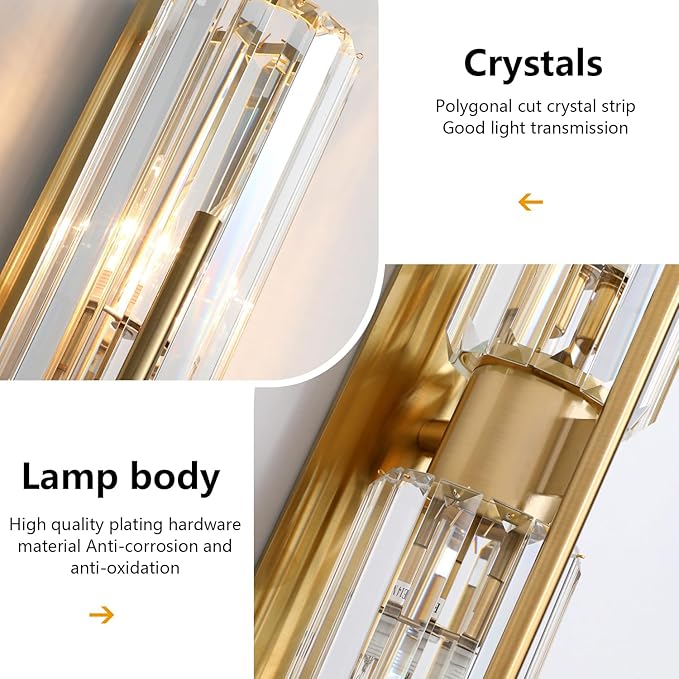 Modern Luxury Crystal Wall Sconce 2-Light Gold Mid Century Brass Wall Lighting