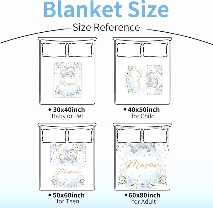 Custom Elephant Blanket with Name for Boys, Personalized Name Blanket for Teen, Soft Flannel Elephant Blankets Customized Gift for Birthday 50"x60"