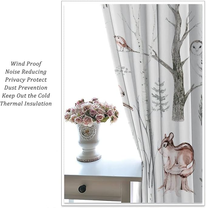 Watercolor Woodland Animal Curtains, Wildlife Bear Farmhouse Lodge Cabin Squirrel Owl Hedgehog Fox Blackout Rod Pocket Windows Door Curtain for Bedroom Living Room Home Decor 84x84in