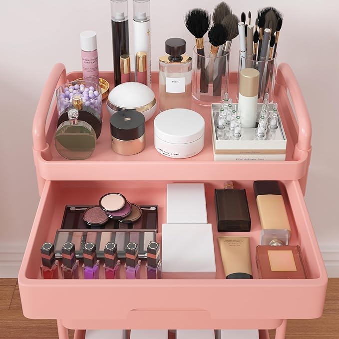 Calmootey 4-Tier Rolling Utility Cart with Drawer,Multifunctional Storage Organizer with Plastic Shelf & Metal Wheel,Storage Cart for Kitchen,Bathroom,Living Room,Office,Pink