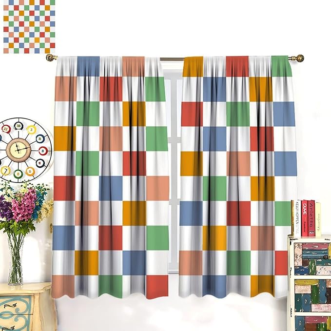 Retro Checkered Curtains,70s Vintage Twisted Checkered Window Drapes Colorful Groovy Trendy Wavy Hippie Grid Print Window Treatments for Kids Girls Bedroom Living Room Bathroom 55" W X 63" L