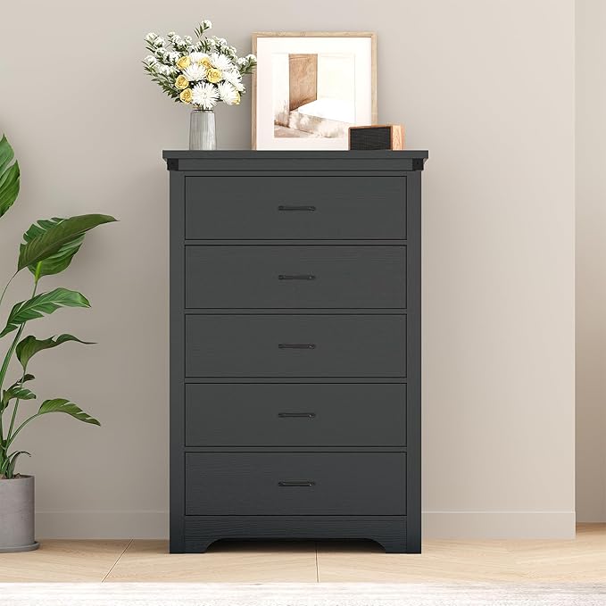 Farmhouse 5 Drawer Dresser for Bedroom, 47" Tall Chest of Drawers, Wood White Dresser with Deep Drawers, Storage Dressers Organizer for Bedroom, Living Room, Hallay, Black