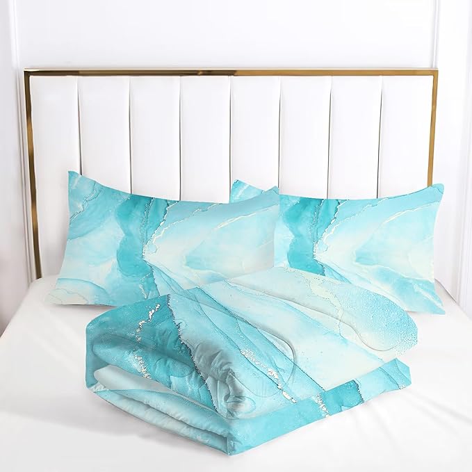 Comforter Set Blue Marble: Full Size Aqua Blue Bedding Sets for Teen Girls Kids Women Bedroom Abstract Baby Blue Marbling Quilt Bed Set 1 Comforter & 2 Pillowcases