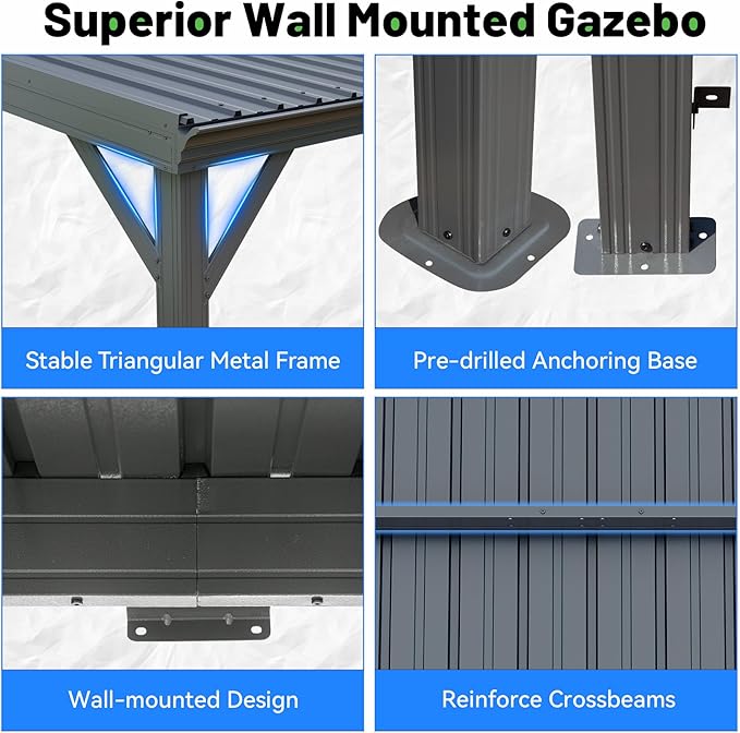 8x10FT Lean to Gazebo, Outdoor Metal Hardtop Wall Mounted Gazebo with Gutter & Sloping Galvanized Steel Roof, Hard Top Awnings/Shelter for Deck, Porch, Backyard