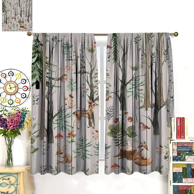 Forest Animal Curtains,Winter Dry Branches Pine Tree Moose Bear Animal Print Curtains for Children Boys and Girls Bedroom Living Room 42x63in
