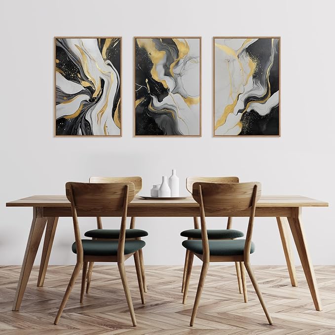 HLNIUC Abstract Gold and Black Framed Canvas Wall Art,Large Neutral Black and White Wall Decor Set of 3(16”x24”)Modern Gold Foil Framed Painting,Textured Marble Fluid Art Print for Living Room,Bedroom