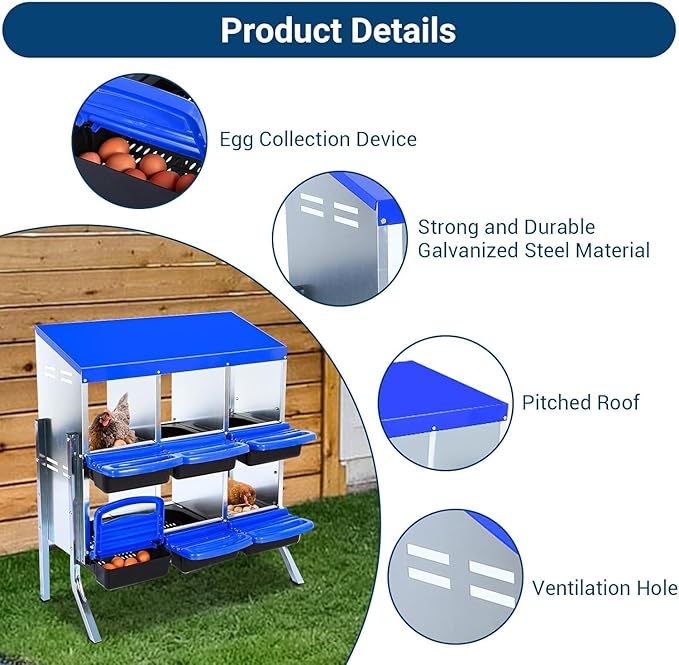 Chicken Nesting Box, 6 Hole 2 Layer Hen Nest Boxes with Legs, Roll-Away Egg Collection System with Ventilation Holes，Rustproof Plastic Tray & Keyhole Mounting, Chicken Laying Box